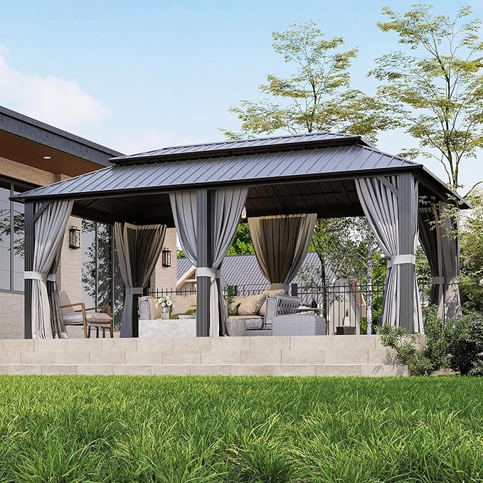 12x20FT Hardtop Gazebo, Metal Frame with Double Galvanized Steel Roof, Permanent Outdoor Pergola with Curtains and Netting Included for Backyard, Patio, Lawn and Garden, Gray