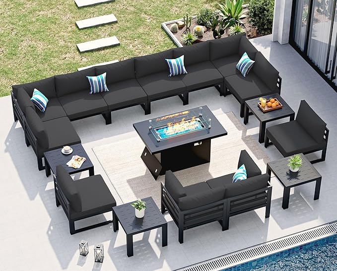 NICESOUL 17 Piece Extra Large Aluminum Patio Furniture Set with Fire Pit Table & End Table, 29" Deep Wide Seating, 500 lbs High Weight Capacity, Comfortable Outdoor Sectional Sofa for Poolside, Black