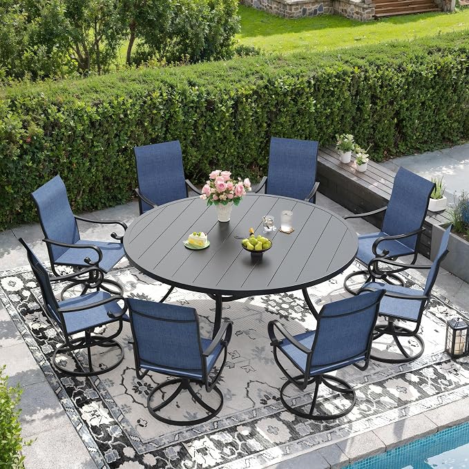 DIFY 9 Pieces Outdoor Dining Set for 8, Outdoor Furniture Set of 8 Blue Textilene Swivel Patio Chairs, 60" Black Round Metal Dining Table with Umbrella Hole, for Garden Deck Backyard