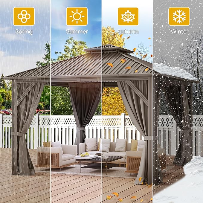 DWVO 12x12ft Gazebo Double Roof Hardtop with Nettings and Curtains, Heavy Duty Galvanized Steel Outdoor Vertical Stripes Roof for Patio, Backyard, Deck, Lawns, Grey