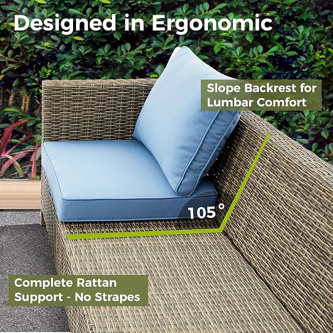 8 Pieces Patio Furniture Sets with Metal Top Coffee Table, All Weather Wicker Rattan Sectional Sofa Outdoor Furniture Conversation Set for Porch, Poolside, Garden, Backyard. (Blue)