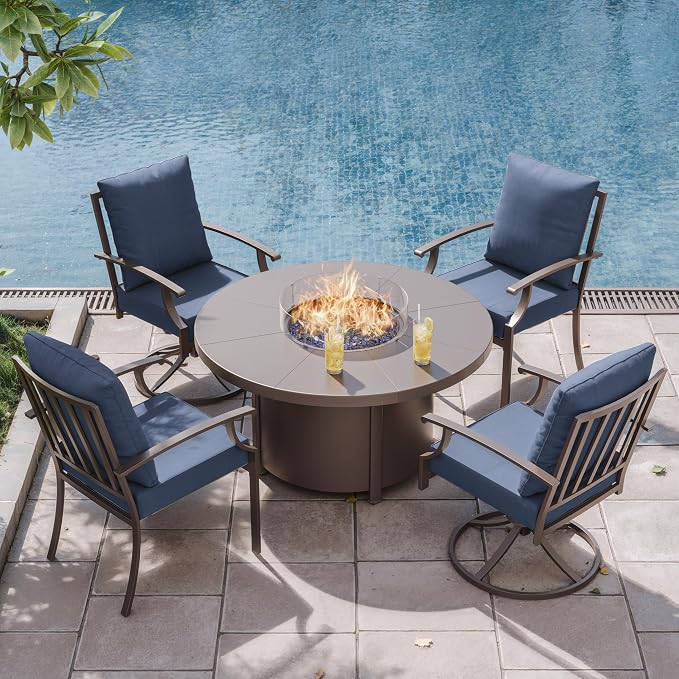ALAULM 5-Piece Outdoor Dining Set for 4 Metal Outdoor Patio Furniture with 2 Swivel Chairs & 40000 BTU Round Fire Pit Table for Patio, Backyard, Garden-DarkBlue