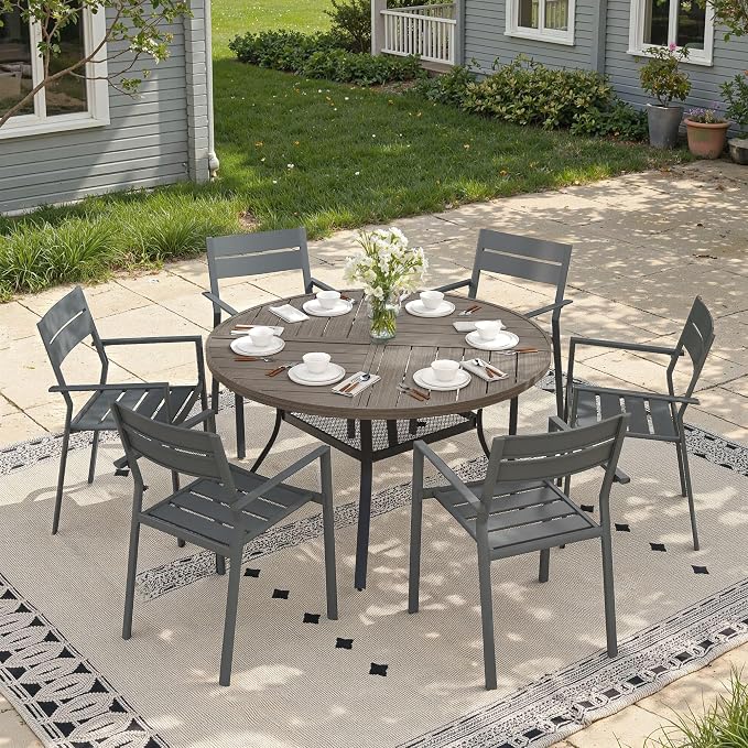 Patio Dining Set for 6, Round 47.3" Patio Dining Table and Stackable Outdoor Dining Chairs Outdoor Furniture for Backyard Porch Deck, Spliced Grey Table and Grey Chairs