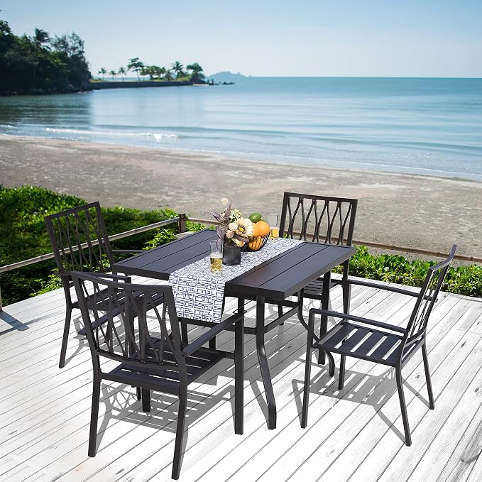 NUU GARDEN 5 Piece Patio Dining Set, 4 Metal Patio Dining Chairs Stackable and 37" Square Dining Table with 1.57" Umbrella Hole for Backyard, Deck, Patio, Garden, Black