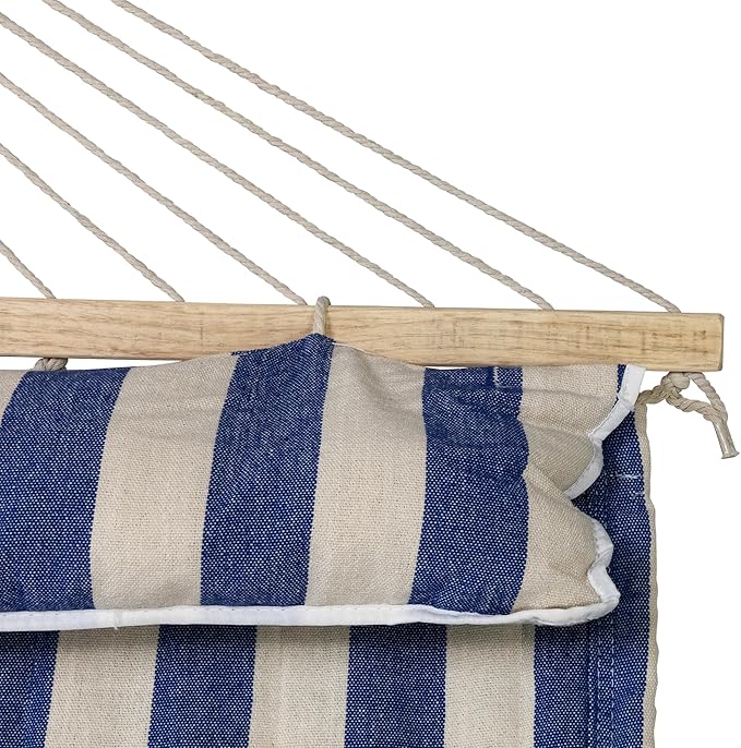 Striped Quilted Two Person Double Hammock with Pillow - 9' x 55" - Blue and Cream