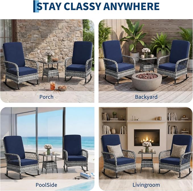 GarveeHome 3-Piece Outdoor Rocking Chair Set, Wicker Rattan Patio Furniture with Glass-Top Coffee Table, Modern Conversation Seating with Cushions for Porch, Backyard (Gary Rattan & Blue Cushion)
