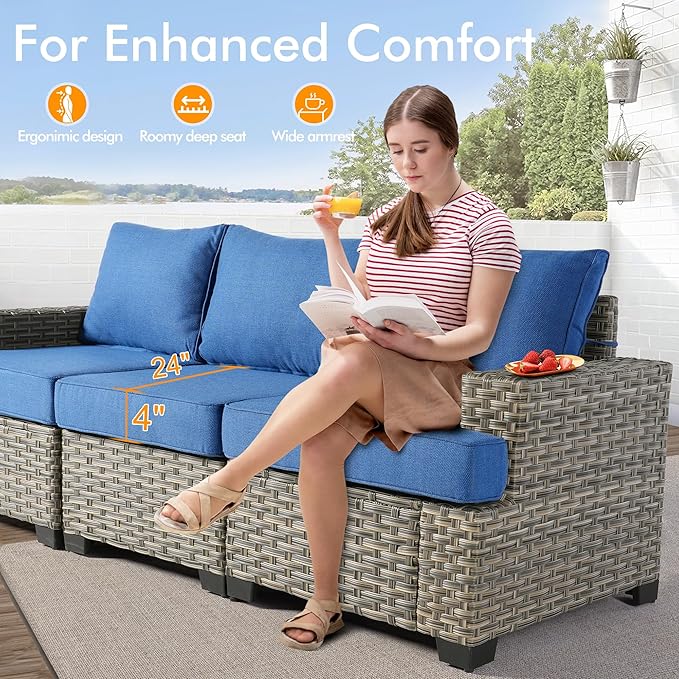 9 Pcs Outdoor Sectional Patio Furniture Set with Swivel Rocking Chair and Ottomans - All Weather Wicker Outside Sectional Couch,Patio Seating Outdoor Conversation Sets for Deck Yard Garden,Blue