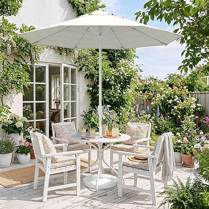 California Umbrella 8-Year Protection 7.5 Ft Outdoor Patio Umbrella, Solstice Fade-Resistant Fabric, Auto-Tilt, Heavy Duty Aluminum Frame, 8 Reinforced Ribs for Pool or Deck, White Pole, Woven Granite
