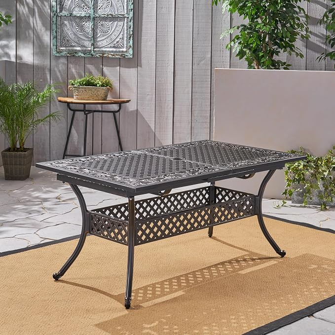 roomfitters Expandable Cast Aluminum Dining Table, Classic Outdoor Design with Lattice Top and Shelf, Weather-Resistant, Bronze