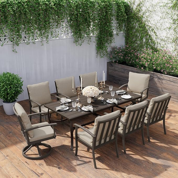 HAPPATIO Aluminum 9 Piece Patio Dining Sets, Outdoor Dining Set for 8, Patio Furniture Sets, 2 Swivel Dining Chairs, 6 Dining Chairs, Aluminum Furniture Set for Patio, Yard (Black)
