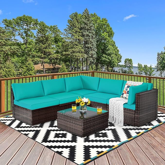 COSTWAY 6-Piece Outdoor Patio Furniture Set, Rattan Sectional Sofa Set with Tempered Glass Coffee Table and Cushions for Garden, Deck, Backyard (Turquoise)
