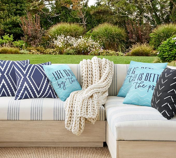 Adabana Outdoor Waterproof Pillow Covers 18x18 Inch, Life is Better | Blue Decor Waterproof Pillow Cover Set of 2 for Patio, Porch, Garden Furniture,Life is Better by The Pool