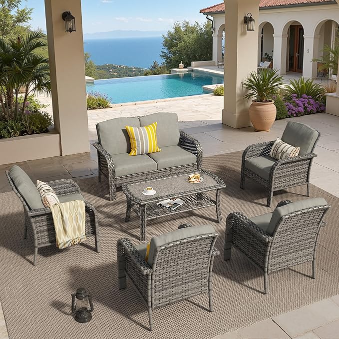 6 PCS Outdoor Patio Furniture Set with Glass Table, All-Weather Rattan Wicker Outdoor Conversation Set with Thickened Cushions for Balcony Backyard Garden Lawn,Dark Grey