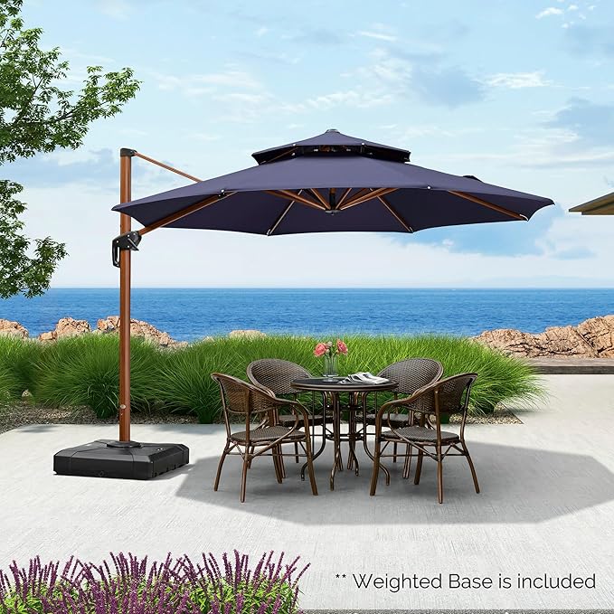 PURPLE LEAF Cantilever Umbrella with Base Outdoor Round Umbrellas Large Cantilever Parasol Windproof Offset Heavy Duty Sun Umbrellas for Garden Deck Pool Patio, 11ft Navy Blue