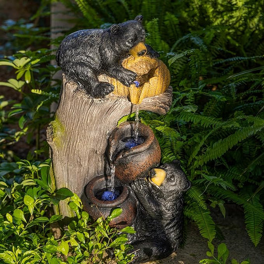 Water Fountain Outdoor Bear Shaped with LED Lights, Cascading Water Feature for Patio Yard Balcony Garden, Ideal Gift for Housewarming & Garden Lovers
