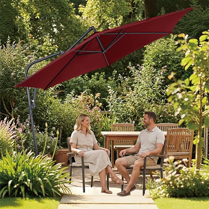 10FT Offset Patio Umbrella, Cantilever Hanging Umbrella with Infinite Tilt, Fade-Resistant Water-Repellent Canopy & Cross Base for Yard, Garden & Deck