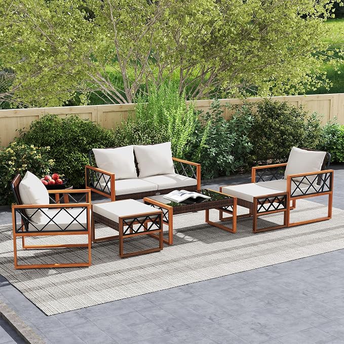 Tangkula 7 Pieces Patio Furniture Conversation Set, Wicker Acacia Wood Outdoor Cushioned Chairs Set with Ottomans, and 2 Tables, for Garden, Deck and Backyard