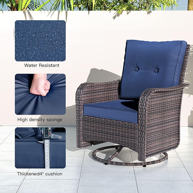Kullavik 3 Pieces Patio Furniture Set,Outdoor Swivel Glider Rocking Chairs Set,Front Porch Furniture Patio Conversation Sets with Side Table for Balcony Deck Backyard,Navy Blue
