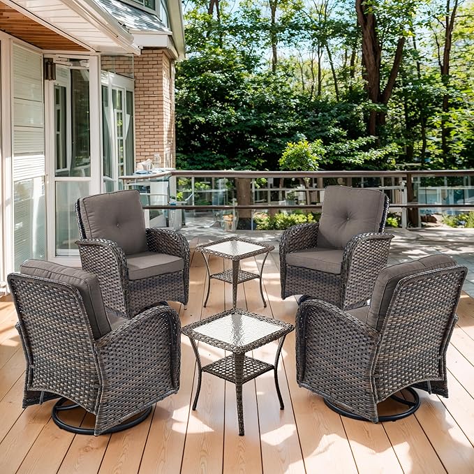 Outdoor Swivel Glider Rocker Chairs Set of 4 - Wicker Patio Furniture Set All Weather Patio Conversatio Sets with 2 Tempered Glass Side Table for Deck Backyard - Brown Wicker Grey Cushion