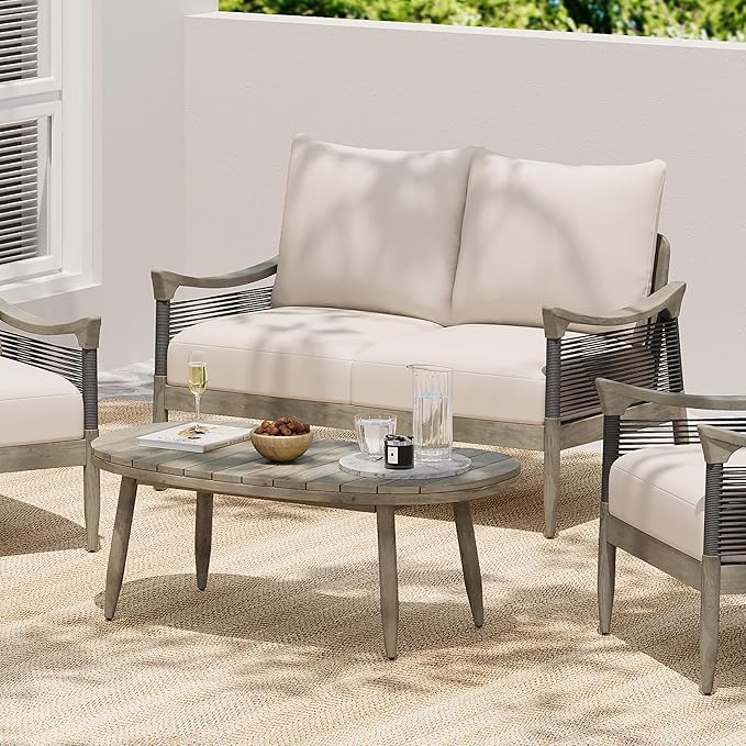 Christopher Knight Home Havets 2 Piece Patio Conversation Sets, Outdoor Acacia Wood Patio Seating Group,Woven Rope Loveseat with Cushions and Coffee Table for Porch Garden Backyard Balcony, Gray+Beige