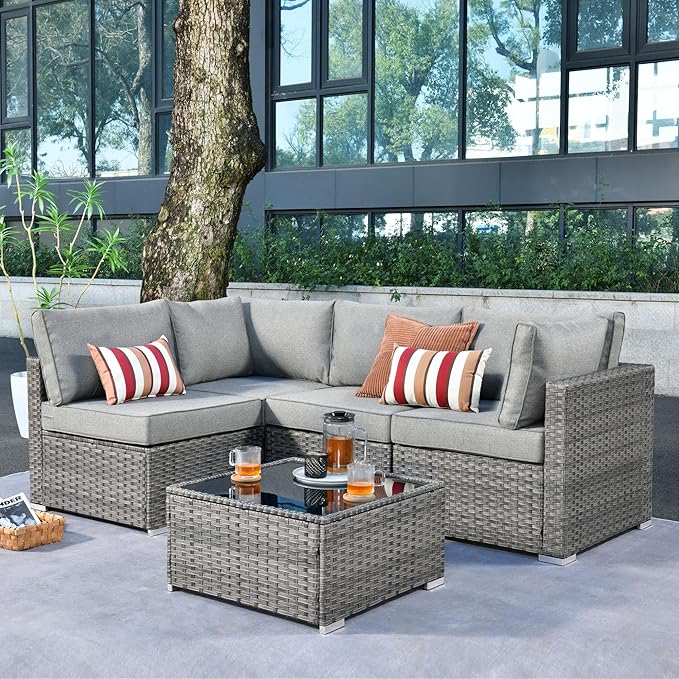ovios Outdoor 5 Piece Coversation Set with Coffee Table,Sectional Patio Furniture Set with All-Weather Wicker Sofa,Modern Outside Couch for Balcony Backyard Pool, Dark Grey