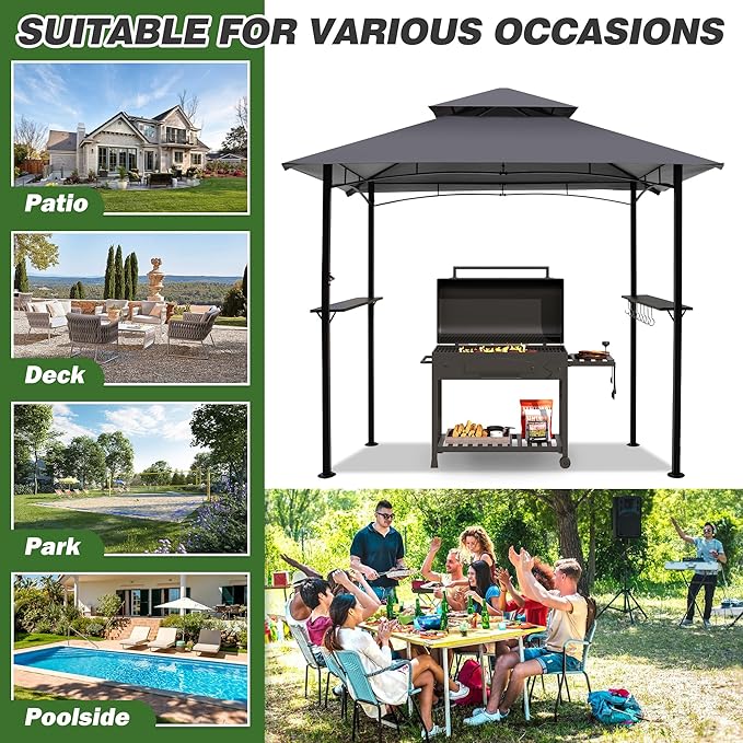 GARTOO 8'x5' Outdoor Grill Gazebo - Double Roof BBQ Gazebo Canopy with 2 Side Shelves and LED Lights, Patio BBQ Pergola Shelter for Garden, Porch and Backyard (Grey)