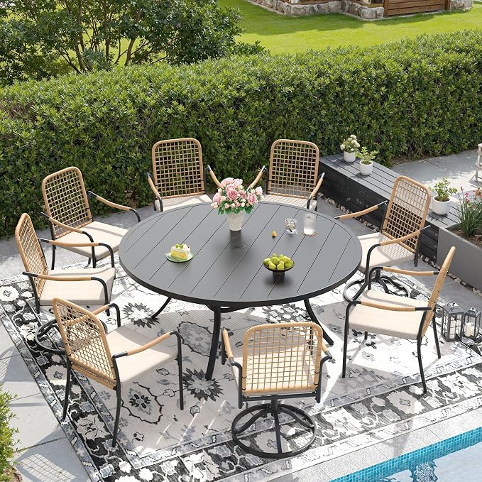 DIFY 9 Pieces Outdoor Dining Set for 8, Patio Furniture Set of 8 Wicker Patio Chairs with Soft Cushions and 60" Black Round Metal Table with Umbrella Hole, for Backyard Garden Deck, Wheat Rattan