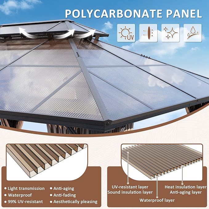 AirWire 12'x16' Hardtop Gazebo, Outdoor Polycarbonate Roof Canopy, Aluminum Frame Permanent Pavilion with Curtains and Netting, Sunshade for Garden, Patio, Lawns