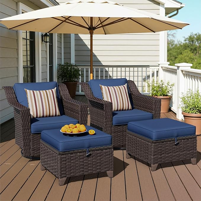 4 Pieces Patio Conversation Furniture Set - 2 Swivel Chairs, 2 Ottomans, Outdoor Wicker Furniture with Removable Cushions for Porch, Balcony, Sunroom (Blue)