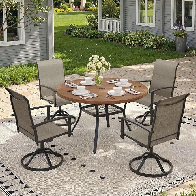Outdoor Dining Table with Adjustable Umbrella Hole, 40.6" All-Weather Round Patio Dining Table for 4, Metal Patio Table with Storage Shelf for Garden Lawn Porch Deck Yard, Walnut