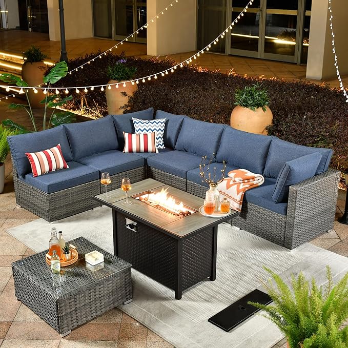 ovios Outdoor 8 Piece Patio Furniture Set with Fire Pit Table,Conversation Sectional Wicker Couch with Coffee Table,Modern Outside Sofa for Balcony Backyard, Blue