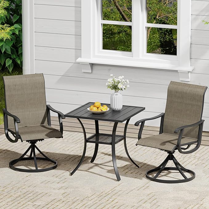 VICLLAX 3 Pieces Outdoor Dining Set, Patio Furniture Set of 2 Patio Swivel Dining Chairs and Small Dining Table with Storage Shelf, Mixed Brown Chairs & Black Tabletop