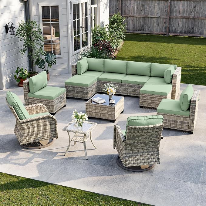 12-Piece Patio Furniture Set, Outdoor Patio Furniture with Swivel Chairs Set, Ottomans, Modular Patio Sofa, Dual-Strand Rattan, Rust-Resistant Frame, Light Green