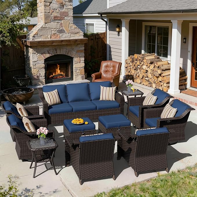 11 Pieces Patio Conversation Furniture Set - 1 Sofa, 2 Ottoman, 2 Armchairs, 4 Swivel Chairs, 2 Side Tables, Outdoor Wicker Furniture with Removable Cushions for Porch, Sunroom (Blue)
