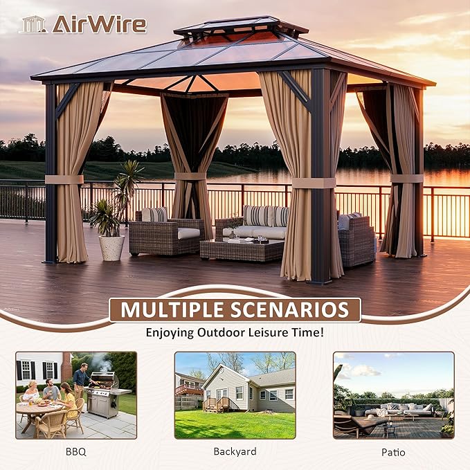 AirWire 10'x12' Hardtop Gazebo, Outdoor Polycarbonate Roof Canopy, Aluminum Frame Permanent Pavilion with Curtains and Netting, Sunshade for Garden, Patio, Lawns