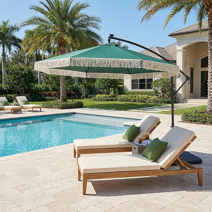 MONDAWE 10FT Cantilever Patio Umbrella with Tassels, 360° Rotation Offset Outdoor Umbrella, Heavy Duty Backyard Shade Umbrella with 180G Fabric for Patio Garden Deck