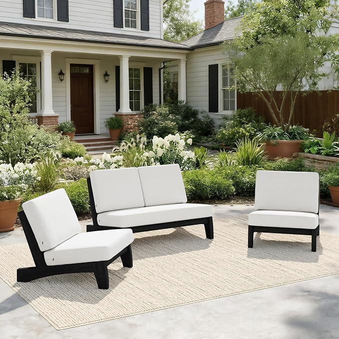 Pia Ricoo 4 Piece Patio Furniture Sets, Outdoor Loveseat Sofa Set with 2 Chairs & Coffee Table, Patio Conversation Set for Backyard, Deck, Lawn, Beige, Dark Wood