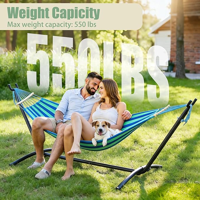 Double Hammock with Freestanding Steel Stand, Portable & Easy Setup, 550lb Capacity Heavy Duty for Patio, Garden,Backyard, Camping, Indoor & Outdoor - Includes Carry Bag (Blue Stripe)