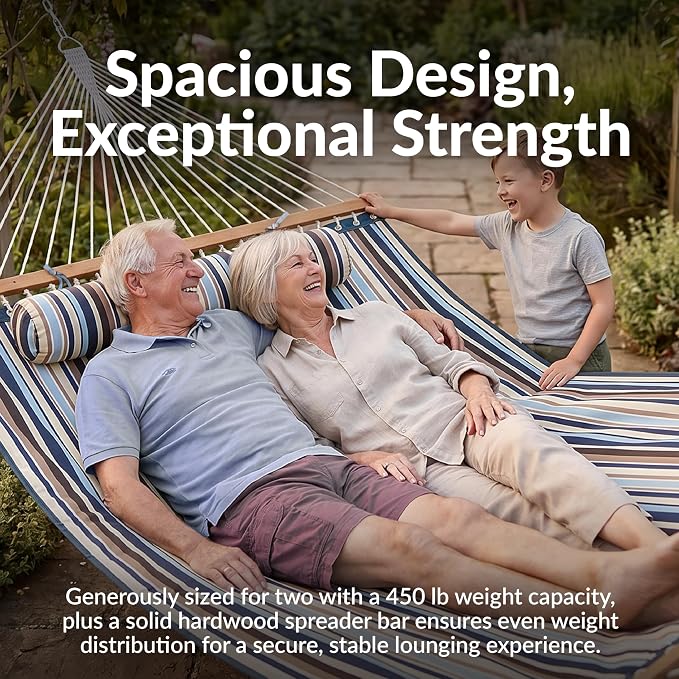 Sunnydaze Quilted Double Hammock for Outside with Spreader Bars and Pillow - 450 lb Capacity, 74x55 Inch Bed, UV Resistant, Quick Dry - Chains Included, Stand Sold Separately - Ocean Isle