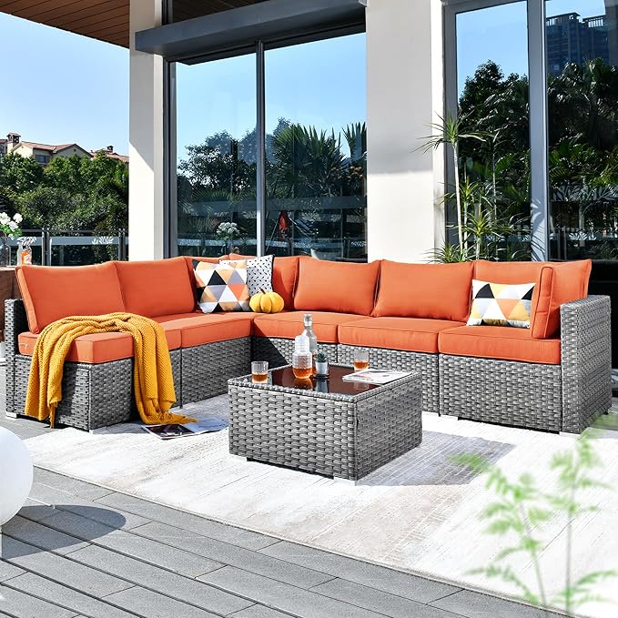 ovios Outdoor 7 Piece Coversation Set with Coffee Table,Sectional Patio Furniture Set with All-Weather Wicker Sofa,Modern Outside Couch for Balcony Backyard Pool, Orange