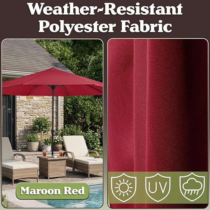 9FT Round Patio Umbrella - Easy Crank, Vented Canopy Outdoor Umbrella for Shade - For Deck, Balcony, Porch, Backyard, or Pool by Pure Garden (Maroon Red)
