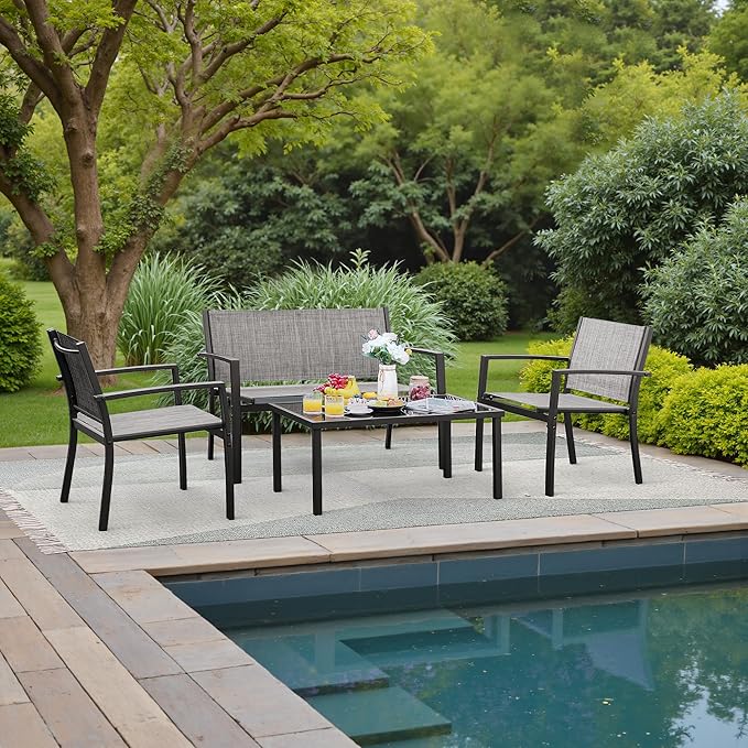 Greesum 4 Pieces Outdoor Furniture Set All Weather Patio Conversation Set with Porch Loveseat, Garden Bistro Chairs with Glass Coffee Table for Garden Backyard Poolside Textile Modern, Gray