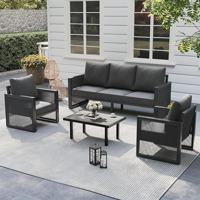UDPATIO Aluminum Patio Furniture Set with Coffee Table, 4 Piece Modern Aluminum Outdoor Furniture, Patio Conversation Sets with Thickend Cushions and PE Rope, for Garden, Porch, Balcony, Black Grey