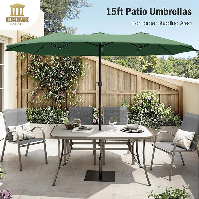 HERA'S PALACE 15ft Umbrella Patio Outdoor with Base Large Rectangle Table Double Market Umbrellas Clearance Included Stand for Deck Outside Pool Picnic Inground Yard Commercial, Mint