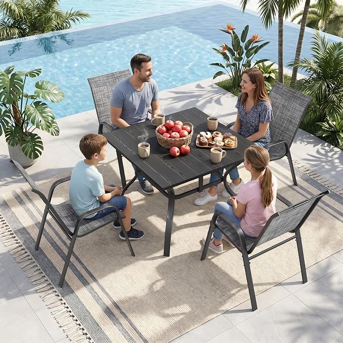 Outdoor Dining Set for 4, Patio Metal Table and Chairs Set with 1.97'' Umbrella Hole, 5pcs Patio Furniture Set 37.8”x37.8” Dining Table Set with Stackable Chairs for Backyard Pool Deck