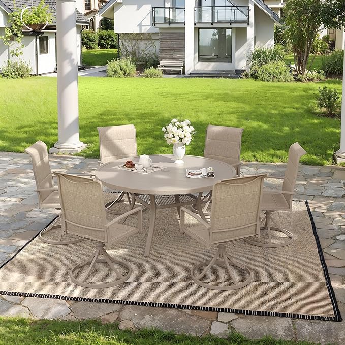 VICLLAX 7 Pieces Outdoor Dining Set, Patio Furniture Set Includes 47" Round Metal Table W/ 1.9" Umbrella Hole and 6 Padded Textilene Swivel Chairs for Porch, Lawn, Garden, Backyard