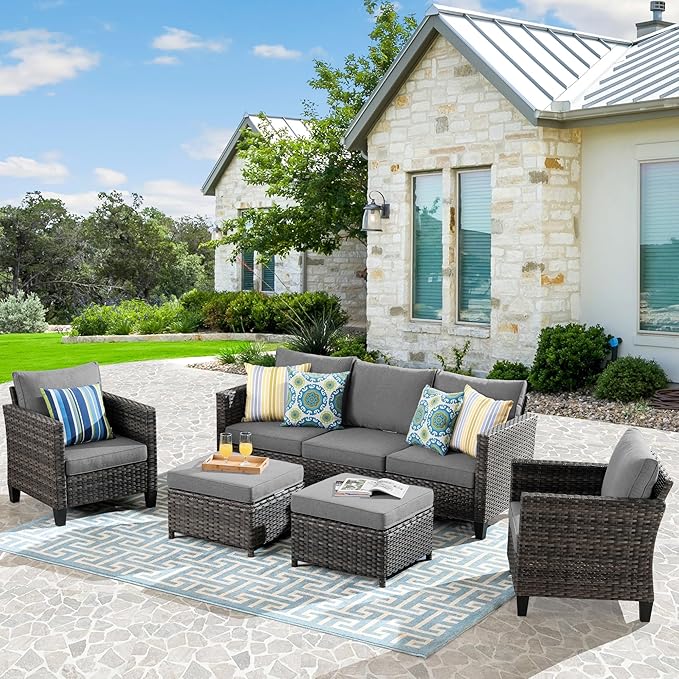 HOOOWOOO Patio Conversation Sets,5 Piece Wicker Outdoor Furniture Set with Ottoman,All Weather Resistant Modern Outside Out Door Rattan Couch Chairs Set,Charcoal Gray