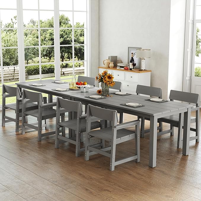 Jocoevol 10-Piece HIPS Patio Dining Set for 8 Person Outdoor Dining Sets with Umbrella Hole Tables and Chairs Furniture Set All Weather Proof for Garden, Backyard, Poolside