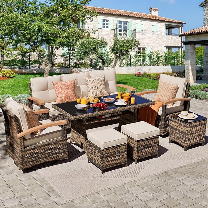 MEISSALIVVE 7 Pieces Patio Furniture Sets, PE Wicker Outdoor Conversation Sets with 2 Wood Armrests Swivel Rocker Chairs, 2 Ottomans,3-seat Sofa and Dining Table (Beige)