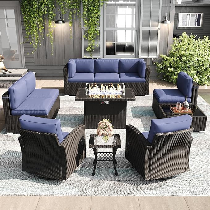 LayinSun 11 Pieces Patio Furniture Set with Fire Pit Table, Black Rattan Modular Sectional Outdoor Conversation Sofa Set, Swivel Rocking Chairs Set